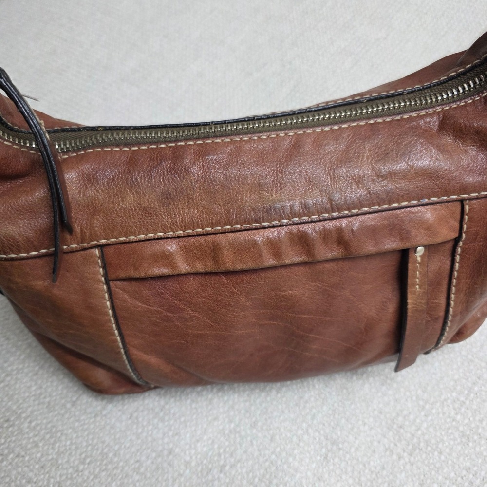 Cognac Brown Leather Hobo Fossil Satchel Braided Strap Contrast Stitching Purse - Picture 4 of 10